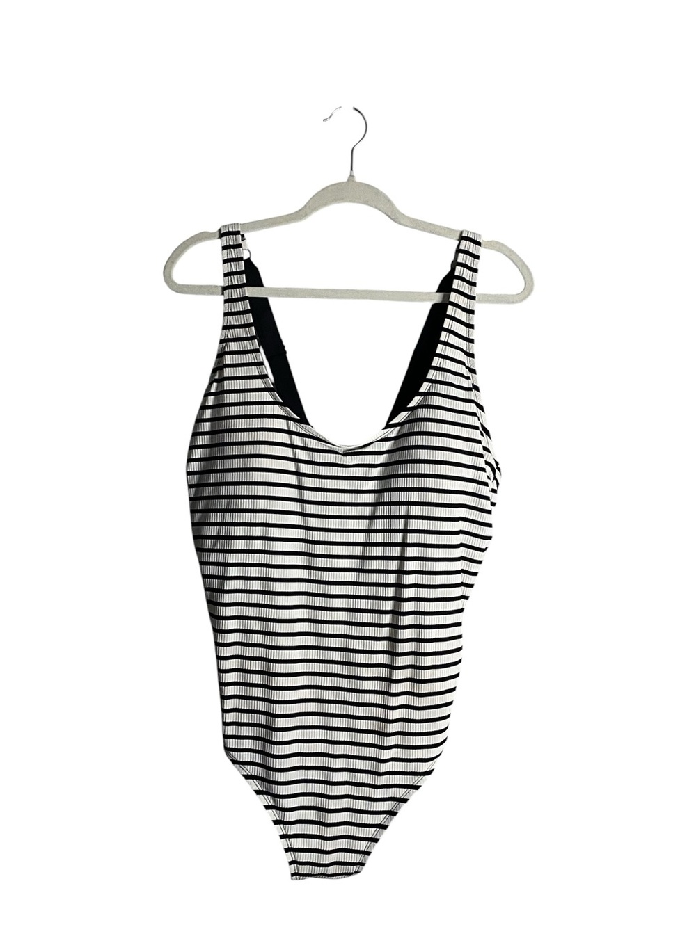 Addition Elle Women's Black & White Striped Ribbed Tie Back Swimsuit